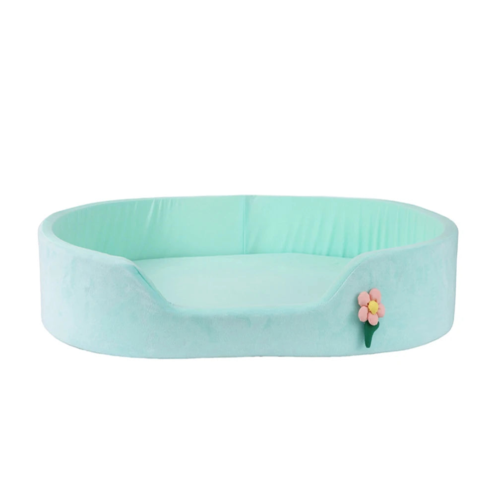 Summer Cool Round Elastic Dog Bed Cat Cushion Basket Soft Windproof Thickened Pet Sofa Ice Silk Flower Double-Sided Mat