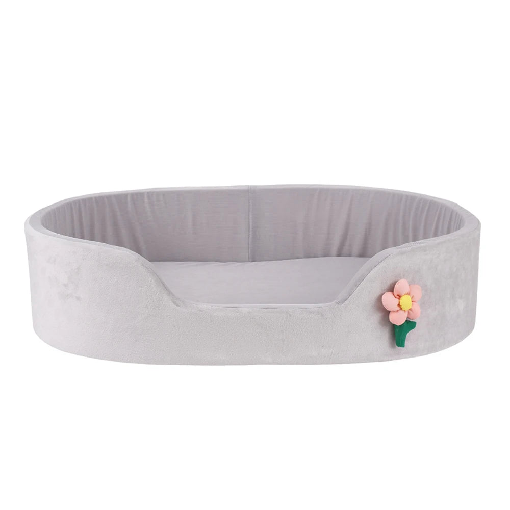 Summer Cool Round Elastic Dog Bed Cat Cushion Basket Soft Windproof Thickened Pet Sofa Ice Silk Flower Double-Sided Mat